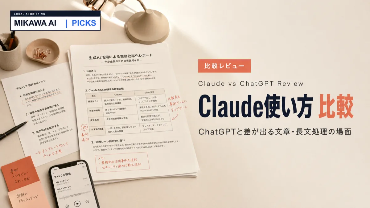 ClaudeをChatGPTと比べて使ってみた｜文章作成・長文処理で違いが出る場面【MIKAWA AI PICKS】のサムネイル